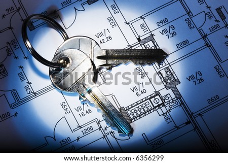 Architectural plan and keys. High contrast. Blue tint.