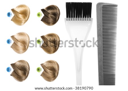 stock photo : Palette of hair color sample and hairdresser's tools