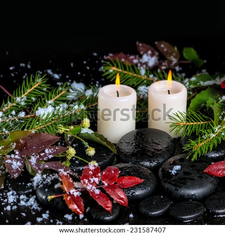 winter spa still life of evergreen branches, leaves with drops, snow, candles on zen basalt stones, closeup