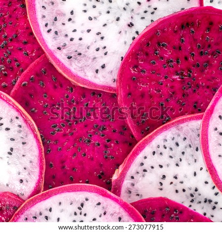beautiful fresh sliced red and white dragon fruit  as background, Pitaya is the plant in Cactaceae family or Cactus, closeup