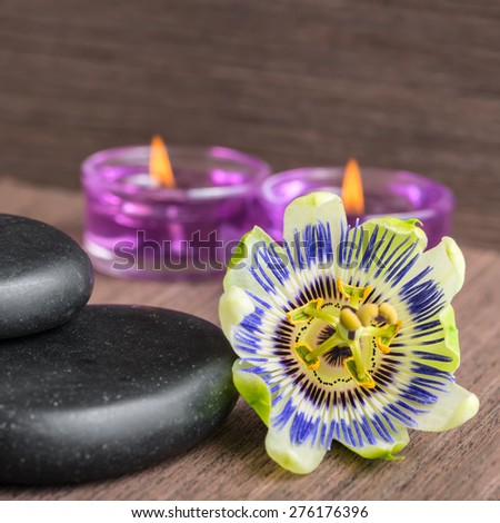 beautiful spa concept of passiflora flower, black zen stones and candles  on wooden background, closeup