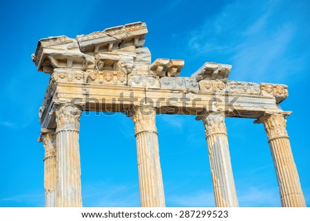 part of construction ancient ruins Apollo Temple Roman Empire, Side, Turkey