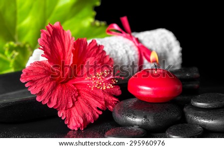 beautiful spa composition of red hibiscus flower with dew, candles, green leaf and rolled towel tied with ribbon on zen stones