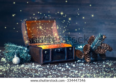 Christmas winter fairy with miracle in opened chest. Background of mystery gift New Year, fir tree and snow. Instagram style