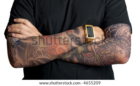stock photo : Close up of tattooed man's hands over white background.