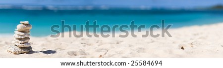 Panoramic photo of  stack of white corals on tropical beach