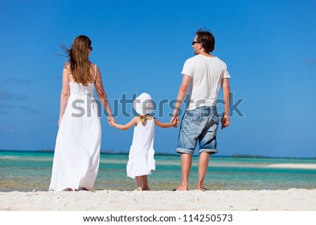Back view of a family on a tropical beach