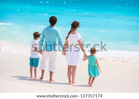 Back view of a Caucasian family at tropical beach