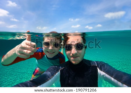 Split above and underwater photo of father and son swimming