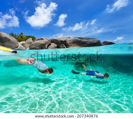 Split photo of mother and son family snorkeling in turquoise ocean water at tropical island of Virgin Gorda, British Virgin Islands, Caribbean