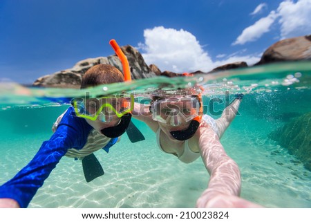 Split photo of mother and son family snorkeling in turquoise ocean water at tropical island