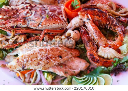 Close up of delicious grilled seafood platter