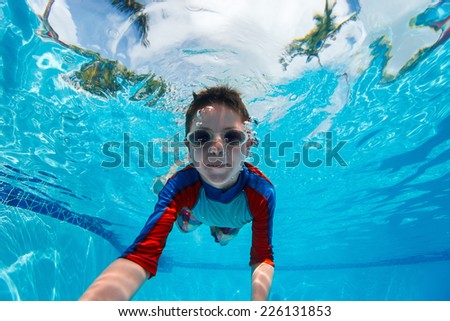 Portrait of a cute little boy swimming underwater