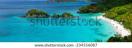 Panorama of picturesque Trunk bay on St John island, US Virgin Islands considered by many as most beautiful beach in Caribbean