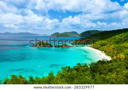 Aerial view of picturesque Trunk bay on St John island, US Virgin Islands considered by many as most beautiful beach in Caribbean
