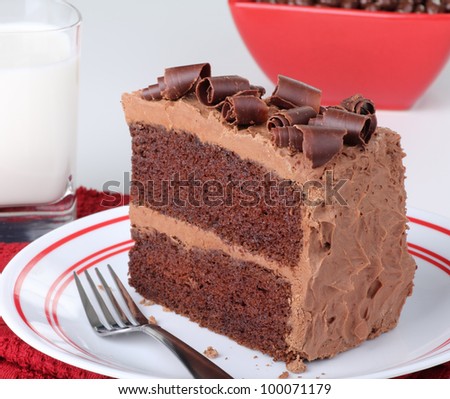Chocolate cake with chocolate curls and a glass of milk