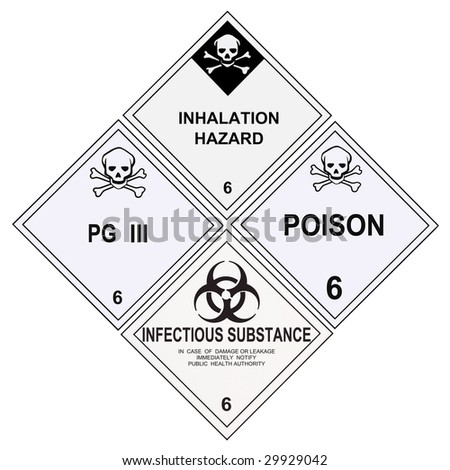 United States Department of Transportation class 6 warning labels isolated on white