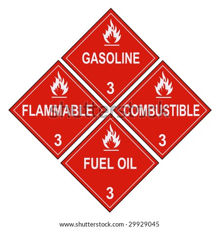 United States Department of Transportation flammable and combustible liquids warning placards isolated on white