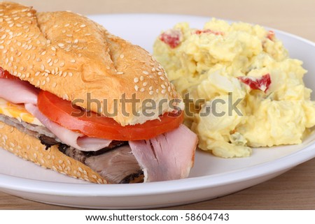 Sub sandwich with roast beef, ham, cheese and tomato along with potato salad