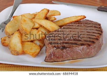 Thick grilled steak with potato wedges on a dinner plate