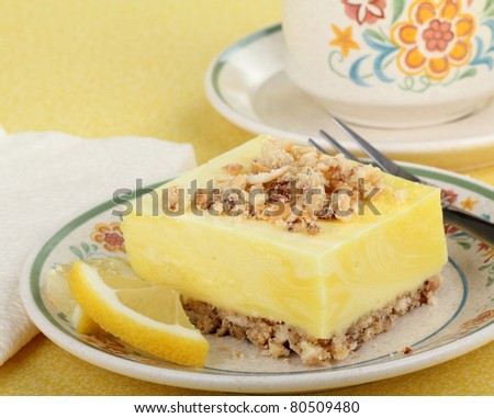 Lemon square dessert with lemon slices on a plate