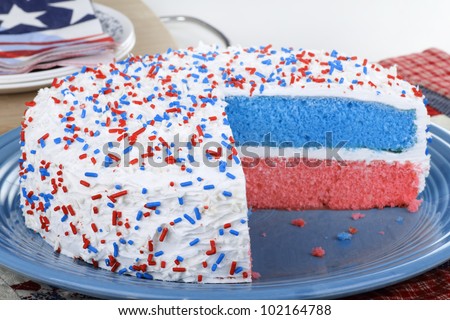 Red white and blue cake on a platter