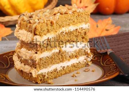 Closeup of a slice of pumpkin cake on a plate