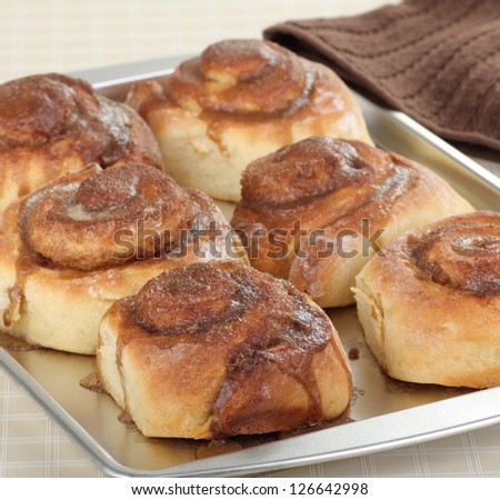 Baked cinnamon rolls on a baking pan