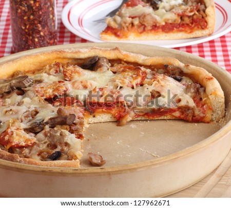 Deep dish pizza with sausage, pepperoni and mushrooms