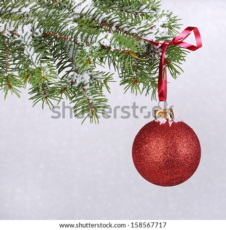 Red Christmas ball hanging from snowy evergreen branch with white textured background