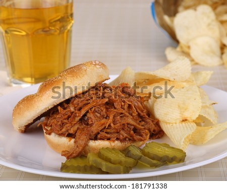 Barbecue pulled pork sandwich with pickles and potato chips