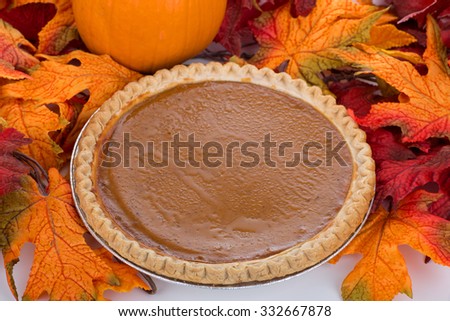 Thanksgiving pumpkin pie with colorful autumn leaves