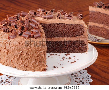 Sliced chocolate layer cake on a platter