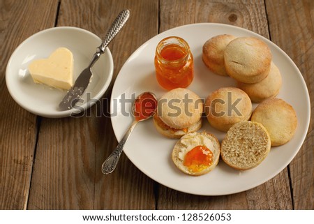 Home-baked scones tea with jam and butter