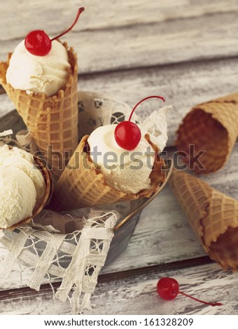 Ice cream cone with maraschino cherry