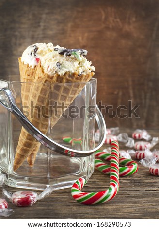 Candy Cane Ice Cream in waffle cone