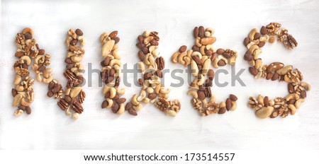 Nuts word from different nuts. Mixed nuts - hazelnuts, walnuts,