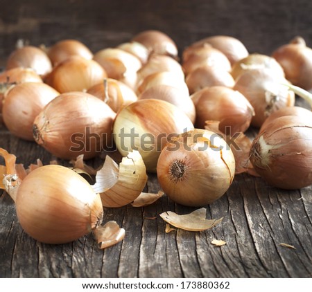 Harvest onions on wooden background