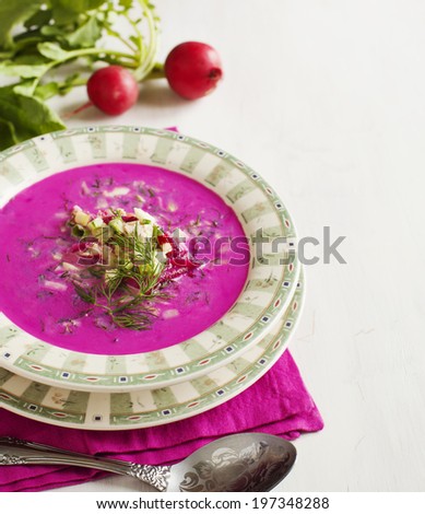 Cold Latvian soup. Vegetable cold soup with beetrots.