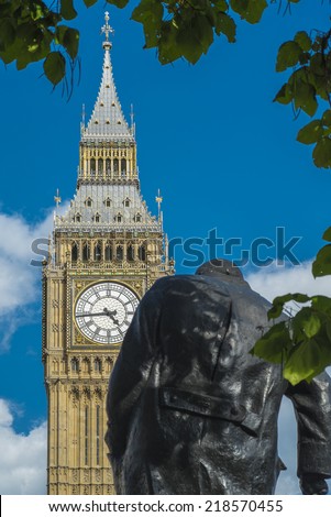 Statue of Winston Churchill in Parliament Square with the Elizabeth Tower and Parliament behind