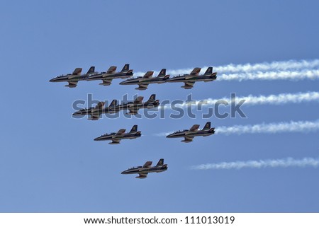 ZHUKOVSKY - AUGUST 12: Italian aerobatic group Frecce tricolori shows demonstration flight at show dedicated to the centenary of the Russian Air Force August 12, 2012 in Zhukovsky, Russia.