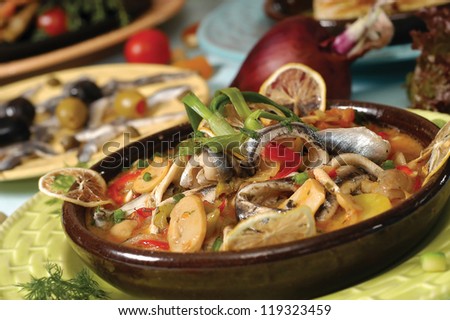 mediterranean style steaming anchovy with vegetables