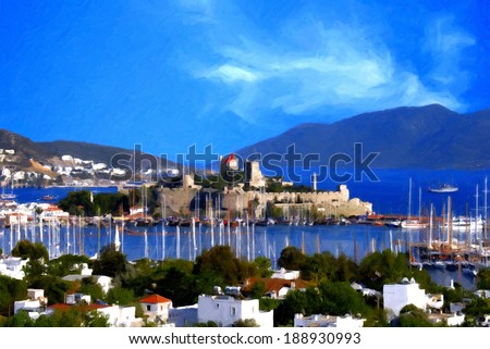 Oil painting landscape of beautiful tourism city Bodrum Oil painting landscape of beautiful tourism city Bodrum