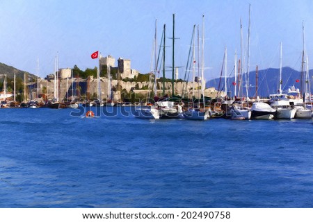 Oil paint of Bodrum Castle and marina of beautiful tourism city Bodrum