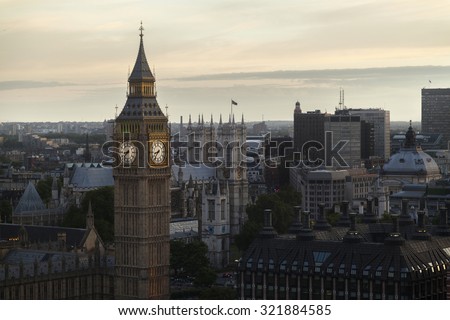 LONDON - 2015 AUGUST 5 : Panoramic view of Big Ben and beautiful tourism city London from London Eye.