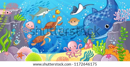 Undersea world. Cute cartoon animals underwater. Vector illustration on a sea theme.