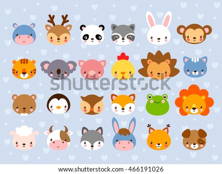 Big vector set with animal faces. Collection of cute baby animals in cartoon style on a blue background. Wild and domestic animals.
