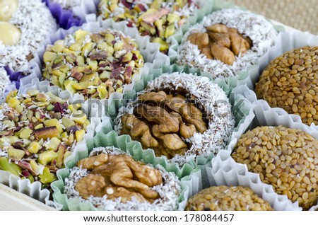 Variety of sweets.Fig paste cake