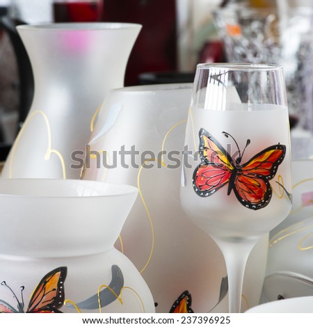 Glass tableware, decorative objects of household