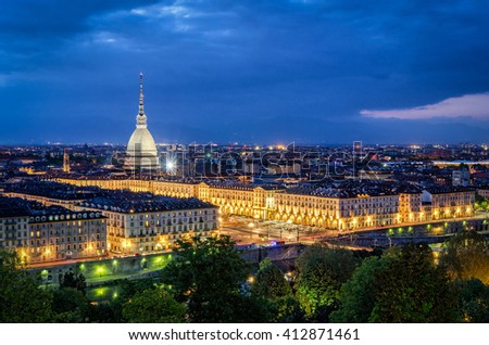 Turin (Torino), high definition panorama with Mole Antonelliana at twilight